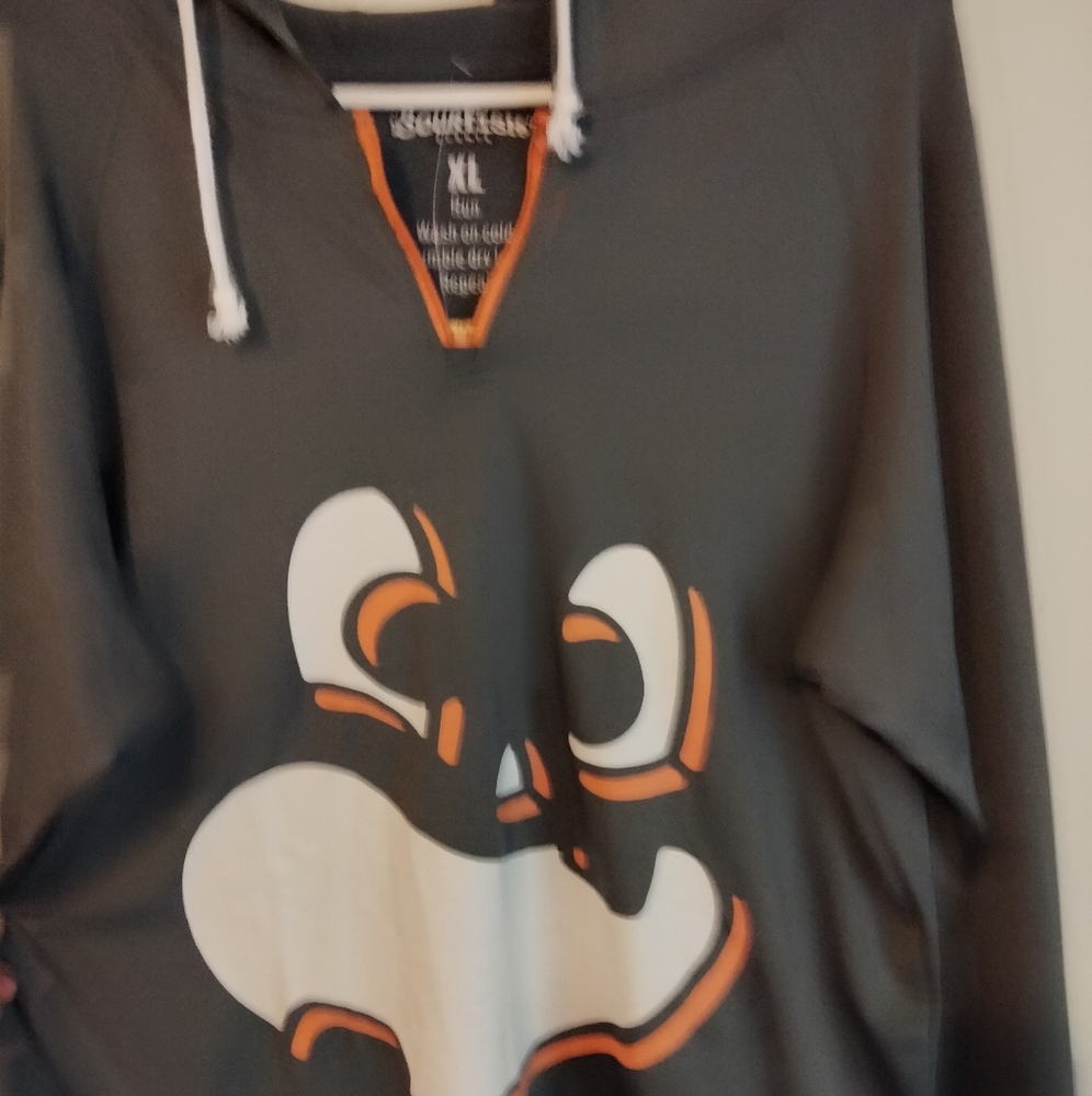 Fall season pumpkin on the front XL grey hoodie perfect for this time of year.